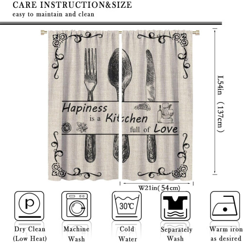 Farmhouse Kitchen Curtains Vintage Fork Spoon Beige Linen 1