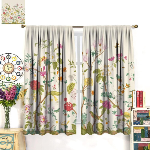 Floral Curtains Retro Bird and Flower Pattern 2 Panel Set 2