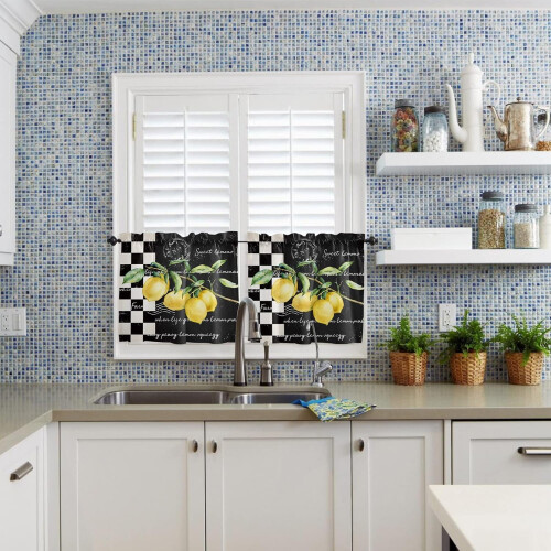 Lemon Farm Kitchen Curtains and Valance Set Black White 2