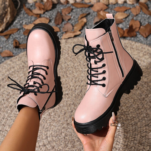 Botas femininas rosa de cano curto em couro PU com zíper lateral e bico redondo. 1