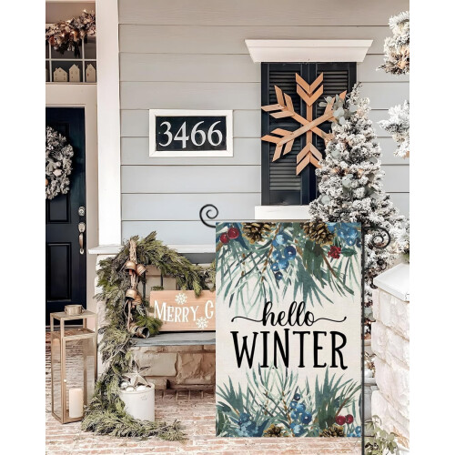 Σημαίες Hello Winter Garden 12,5x18", Διακόσμηση αυλής διπλής όψης από κλαδιά πεύκου, 1