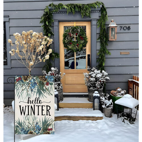 Σημαίες Hello Winter Garden 12,5x18", Διακόσμηση αυλής διπλής όψης από κλαδιά πεύκου, 2