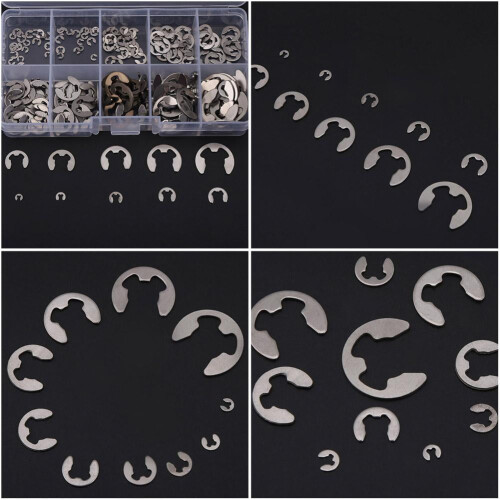 200 stk. rustfri stål E-clips E-ring fastholdelsesring sortiment M1.5-M10, E-ring, stål E-clips 1