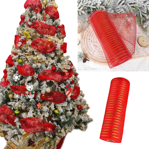 Fita de Natal em malha para decoração e artesanato DIY, cor vermelha. 1 rolo com 360 polegadas de comprimento e peso de 0,30 libras. 1