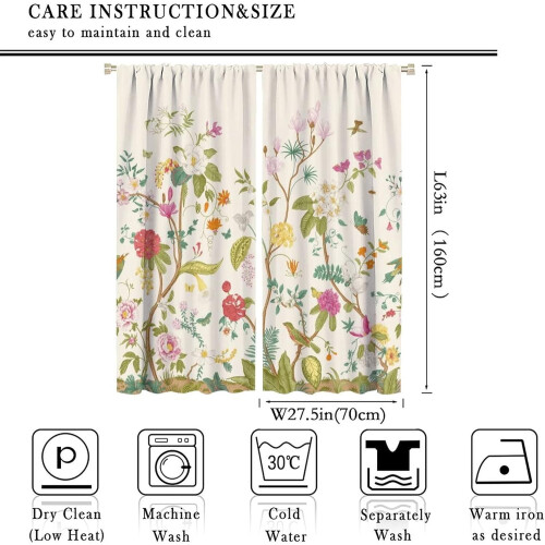 Floral Curtains Retro Bird Flower Pattern 2 Panel Set 55x39 1