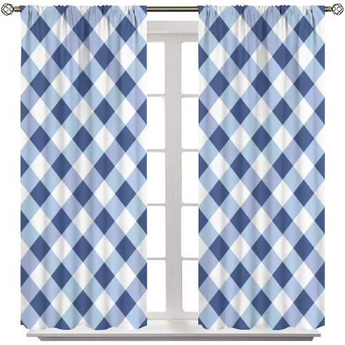 Plaid Curtains Dark Blue White Checkered Rod Pocket Thermal 1