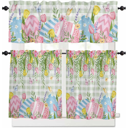 Easter Kitchen Curtains Teal Plaid Floral Botanical Eggs 24 1