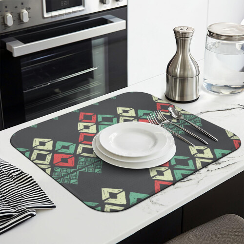 Bold patterned boho kitchen drying mat 16x18 Inch made of microfiber, washable, reusable, designed for efficient dish drying and surface protection 2