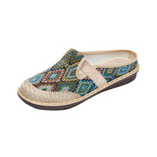 Green Casual Unisex Embroidered Linen Shoes Half Slippers Closed Toe Indoor Outdoor Wear Flax Upper Plastic Sole Us Size 6
