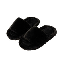Women'S Plush Slippers For Indoor Use In Black Color With Polyester Blend Upper And Non-Slip Sole Us Size 9
