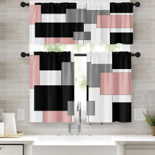 Pink and Gray Kitchen Curtains Set with Valance 36 inch Rod