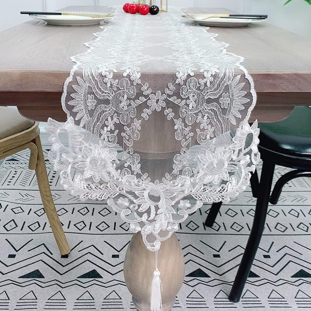 White Lace Embroidered Long Table Runner Dresser Scarf Flower Doilies for Wedding Holiday Summer Cabinet Dinner Tables