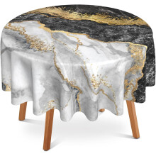 Black/White/Gold Marble Round Tablecloth, 60", Polyester, Waterproof, Stain & Wrinkle Free – for Dining, Party, Patio, Outdoor