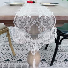 White Lace Embroidered Long Table Runner Dresser Scarf Flower Doilies for Wedding Holiday Summer Cabinet Dinner Tables