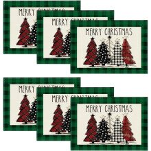 Waterclor Green Buffalo Plaid Christmas Trees Placemats Set of 6, 12x18 Inch Winter Table Mats for Outdoor Home Party Kitchen Dining Decor