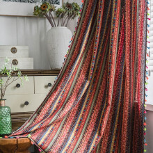 Geometric Semi-Blackout Window Curtains 1 Panels Boho Linen Room Darkening Curtains Tassels Rod Pocket Window Drapes for Bedroom Living Room