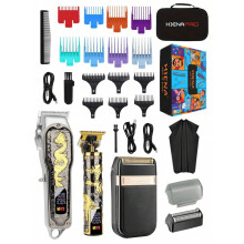 HINEA 3-Piece Cordless Hair Cutting Set w/ LED, Push Cut & Shave – Black Gold Dragon King Design, Compatible with Home & Salon Use