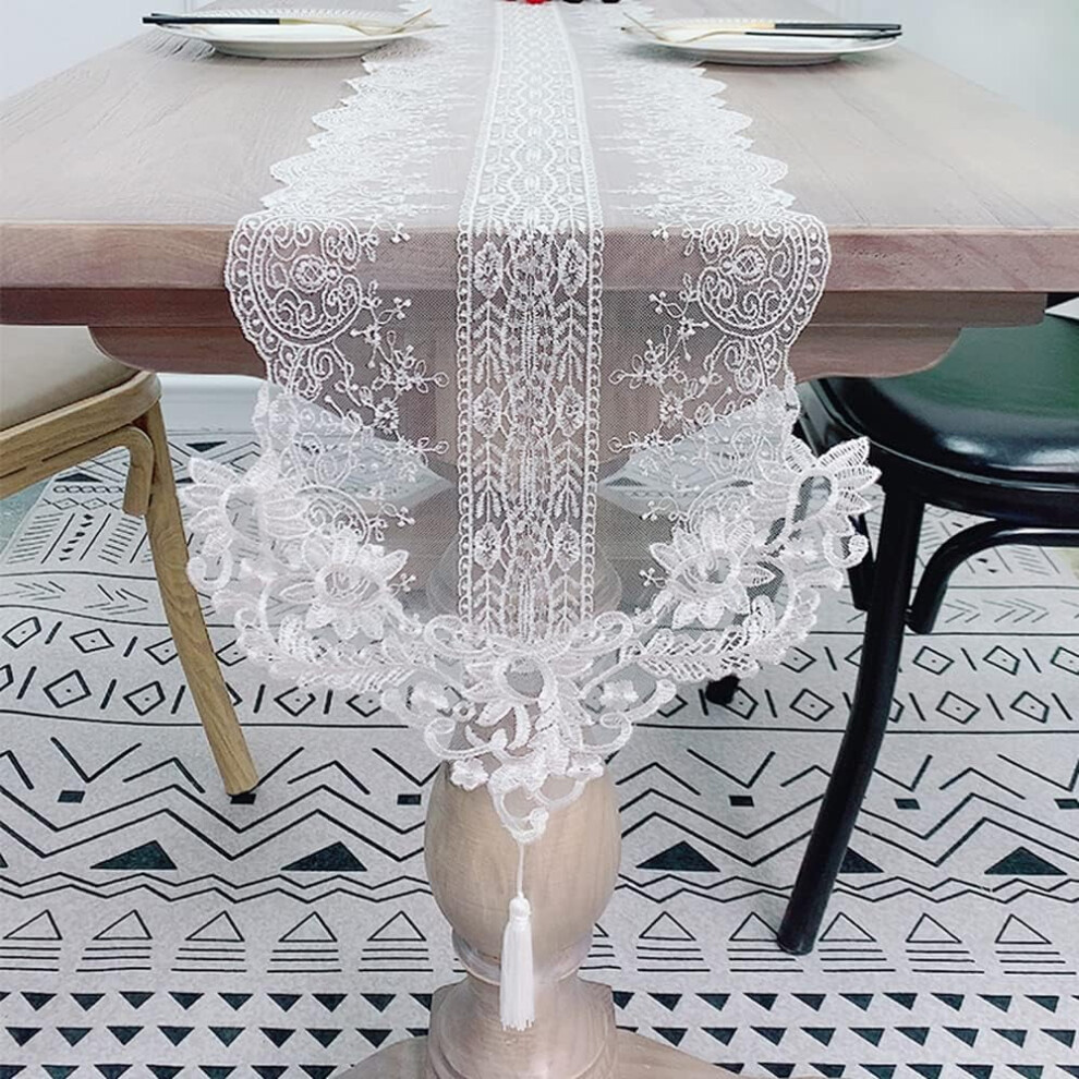 White Lace Embroidered Long Table Runner Dresser Scarf Flower Doilies for Wedding Holiday Summer Cabinet Dinner Tables