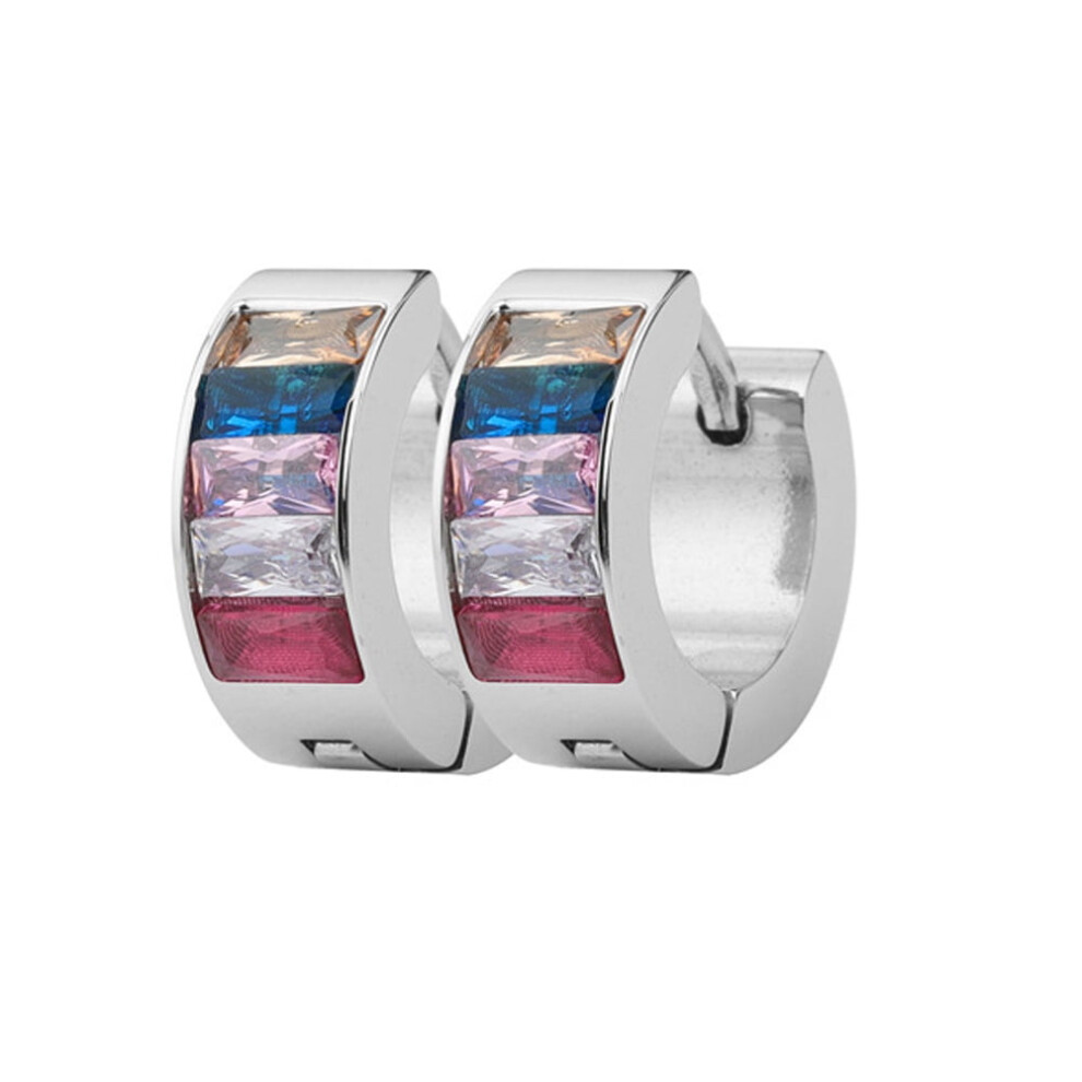 Rainbow CZ Hoggie Hoop Earrings for Women – LGBT Pride, LGBTQ+ Flag, Stainless Steel, Silver, Compatible with Sensitive Ears