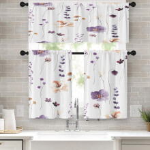 Purple Watercolor Floral Kitchen Curtains Set 36 inch