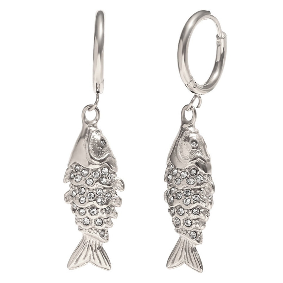 Women's Stainless Steel Full Diamond Koi Carp Fish Pendant Earrings Huggie Loop Dangle Silver