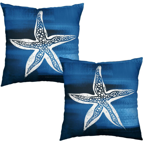 Conjunto de 2 capas de almofada em linho azul-marinho com estampa de estrela-do-mar, 50x50cm (20x20 polegadas). 1