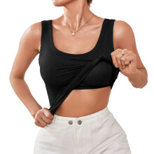 Built in Bra Top for Women Workout U Neck Top Casual-Black M