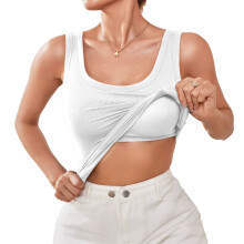 Built in Bra Top for Women Workout U Neck Top Casual-White S