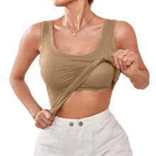 Built in Bra Top for Women Workout U Neck Top Casual-Khaki S