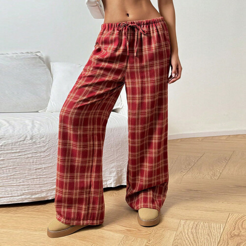 Damenhose im Y2K-Stil mit geradem Bein, elastischem Bund-Rot S 1