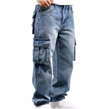 Udsalg Cargo Jeans til mænd Flere lommer Casual Løse Hip Hop Denim Arbejdsbukser Jeans med Cargo Lommer Lyseblå 3XL