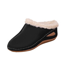 Gefütterte Plateau-Sandalen für Damen, Keilabsatz mit einem Riemen, dicke Sohle, flauschige Pantoletten, bequeme Freizeitschuhe für Herbst und