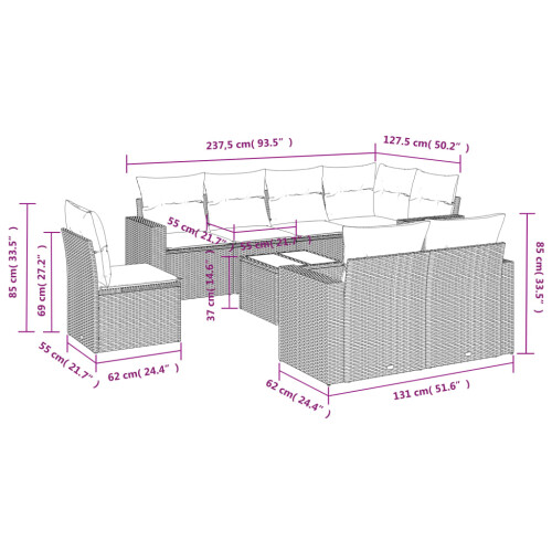 VidaXL vidaXL 9-tlg. Garten-Sofagarnitur mit Kissen Grau Poly Rattan 2