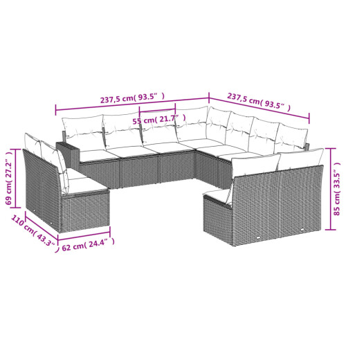 VidaXL vidaXL 11-tlg. Garten-Sofagarnitur mit Kissen Schwarz Poly Rattan 2