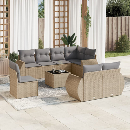 VidaXL vidaXL 9-tlg. Garten-Sofagarnitur mit Kissen Beige Poly Rattan 1