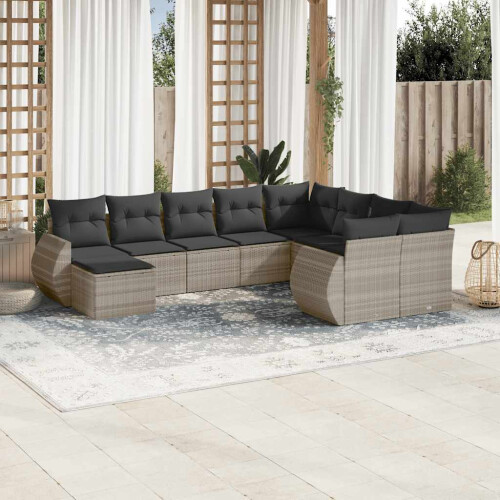 VidaXL vidaXL 10-tlg. Garten-Sofagarnitur mit Kissen Hellgrau Poly Rattan 1