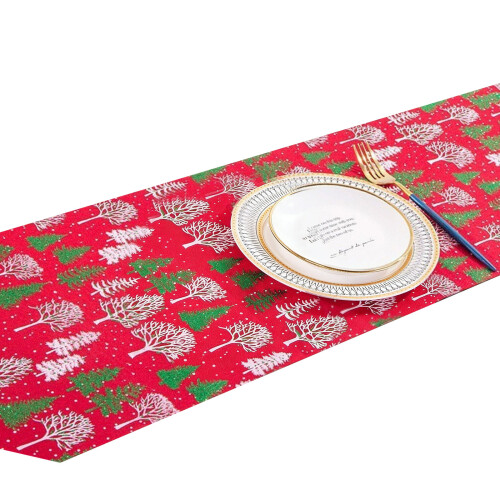 Celebratory Table Runner With Relieved Gold-Red and green trees