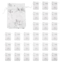 100 PCS Organza Wedding Gift Bags Drawstring Jewelry Pouch Bags Silver White Snowflakes Printed Sheer Party Favor Bags