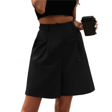 Elastic Waist Wide Leg Knee Length Summer Shorts for Women with Pockets Black L