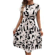 Vestido Floral para Mulheres, Convidada de Casamento, Gola Redonda, Manga Curta, Cintura Marcada, Midi, Fluido, Boho, Praia Branco L