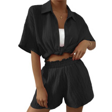 Conjuntos de Dos Piezas de Pantalones Cortos de Verano para Mujer, Top, Pantalones Cortos, Ropa de Playa, Chándal, Color Negro, Talla S