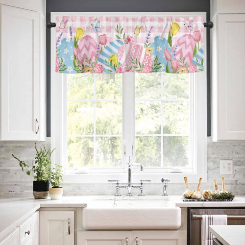 Spring Easter Kitchen Curtains Set Pink Plaid Floral Eggs 2