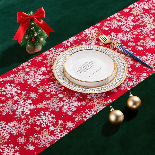 Celebratory Table Runner With Relieved Gold-Red and green trees 1
