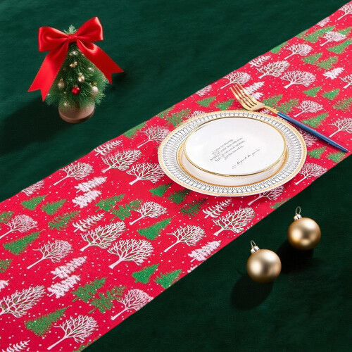 Celebratory Table Runner With Relieved Gold-Red and green trees 2