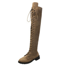 Bota feminina de camurça até o joelho, com cadarço, salto grosso, estilo militar, para o inverno, cor cáqui, tamanho 6 (37).