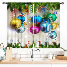 Christmas Curtains 2 Panels, 55x39 Inch, Fir Twigs & Ball Design for Living Room, Bedroom, Kitchen, Bathroom – Compatible with Standard Rods
