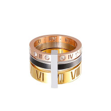 Women's Stainless Steel Roman Numerals 3 in 1 Ring Black Shell Inlay Rotatable Trinity Wedding Band Rose + Gold Size 7.5