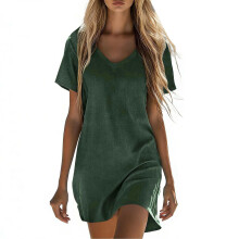 Linen Dress Women Short Sleeve V Neck Shirt-malachite green M
