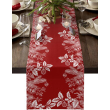 Christmas Table Runner with Pine Branches & Berries, Red Decorative Runner for Dinner Parties & Winter Holidays, 13x108 in