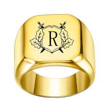 Stainless Steel Personalized Square Initial Alphabet A to Z Ring for Men Women Gold R Size 7